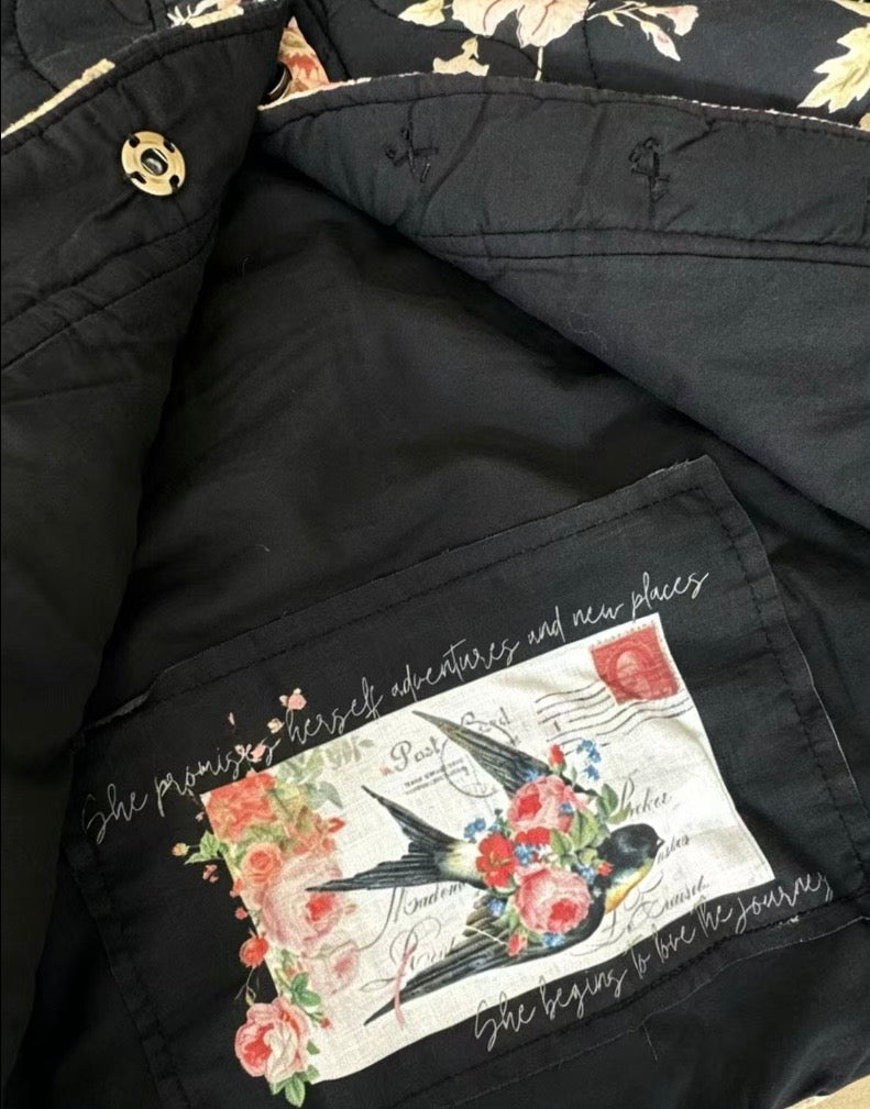 Mitsuko Padded cropped floral quilted jacket. Midnight Rose floral