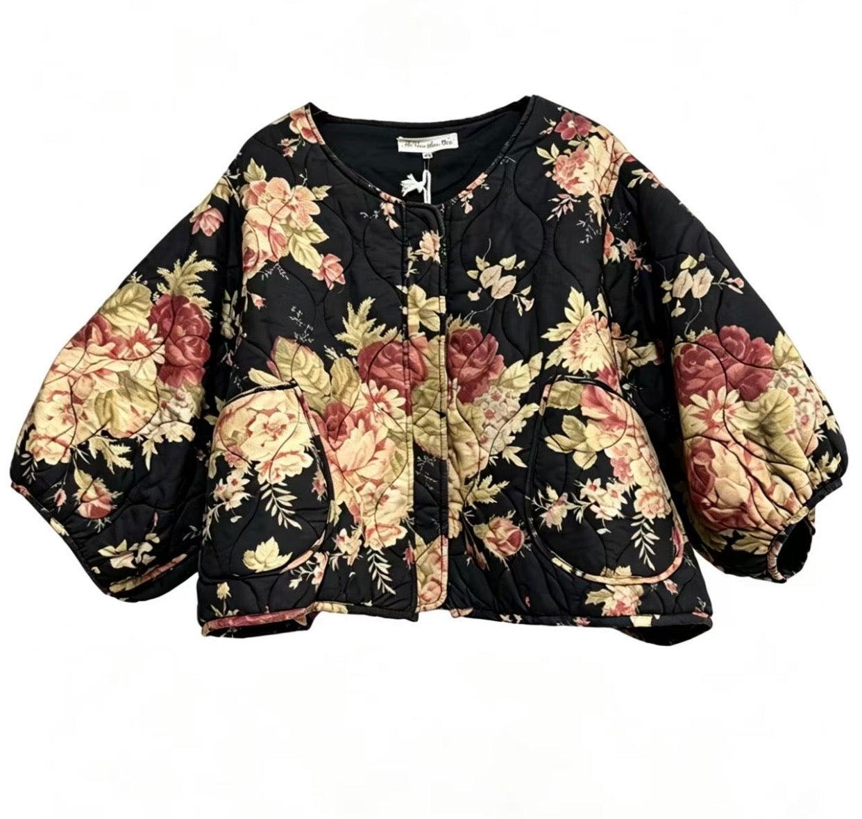 Mitsuko Padded cropped floral quilted jacket. Midnight Rose floral