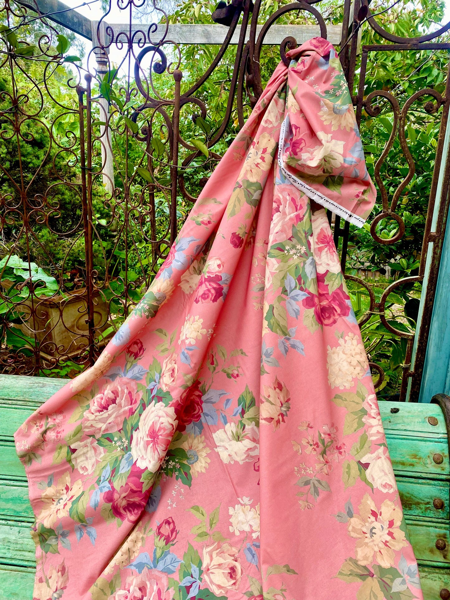 Poetry of Flowers Fabric Collection. Garden Party Rose Bouquet . Coral Background