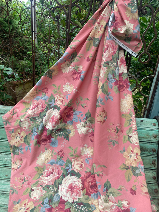 Poetry of Flowers Fabric Collection. Garden Party Rose Bouquet . Coral Background