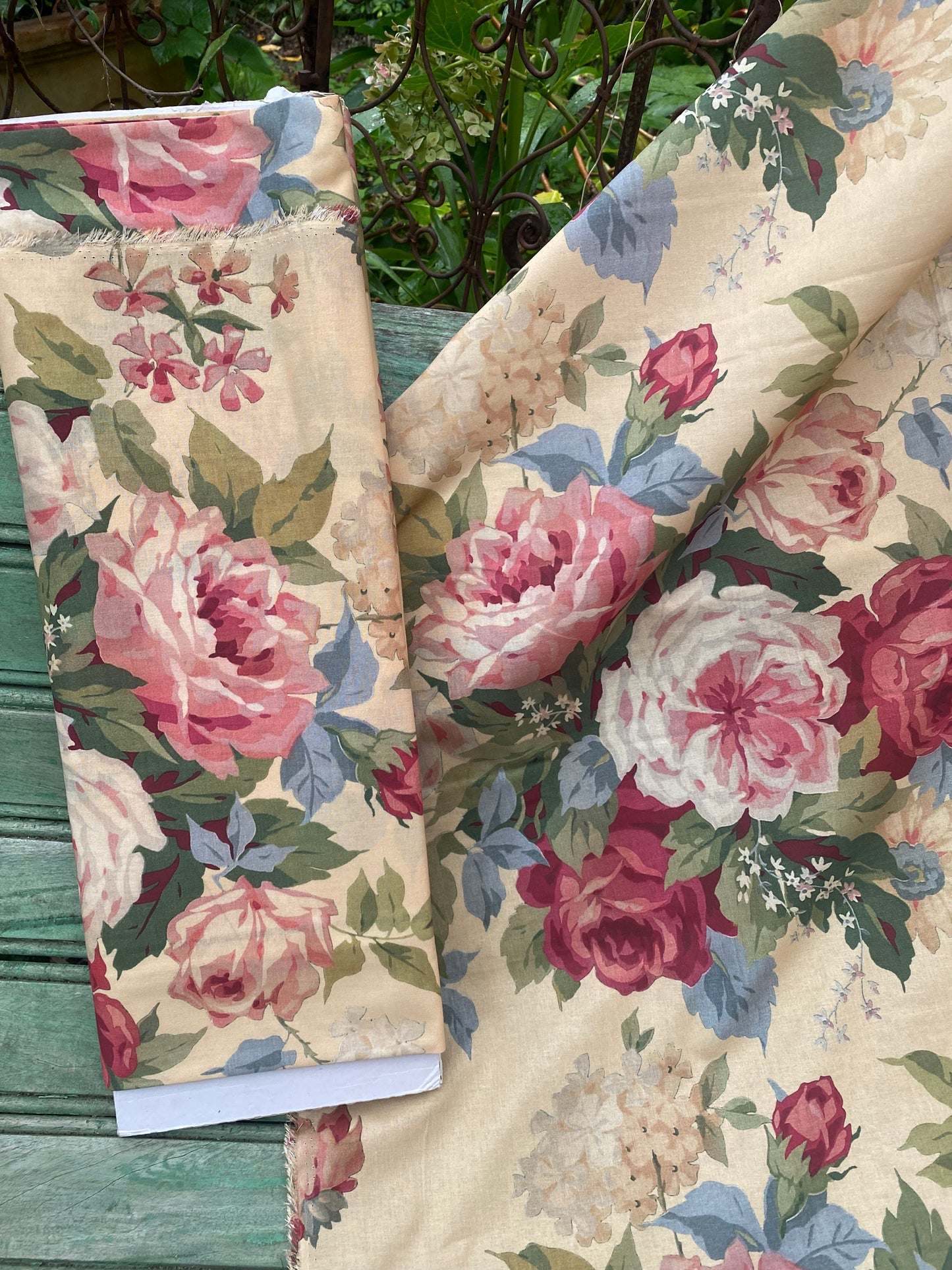 Poetry of Flowers Fabric Collection. Garden Party Rose Bouquet . Custard Cream background.