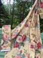 Poetry of Flowers Fabric Collection. Garden Party Rose Bouquet . Custard Cream background.
