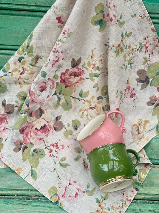 In Bloom Linen Teatowel. Peach Blossoms