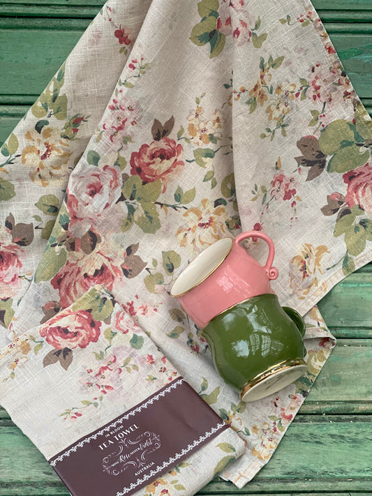 In Bloom Linen Teatowel. Peach Blossoms