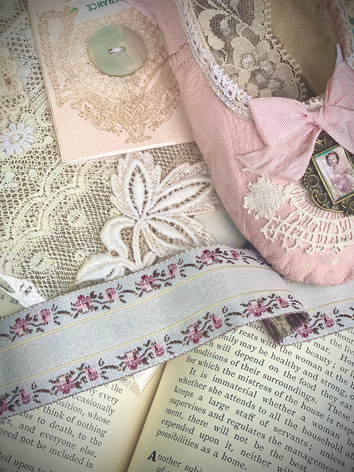 Vintage Embroidered floral ribbon. Alabaster and Blush - 10 metre length