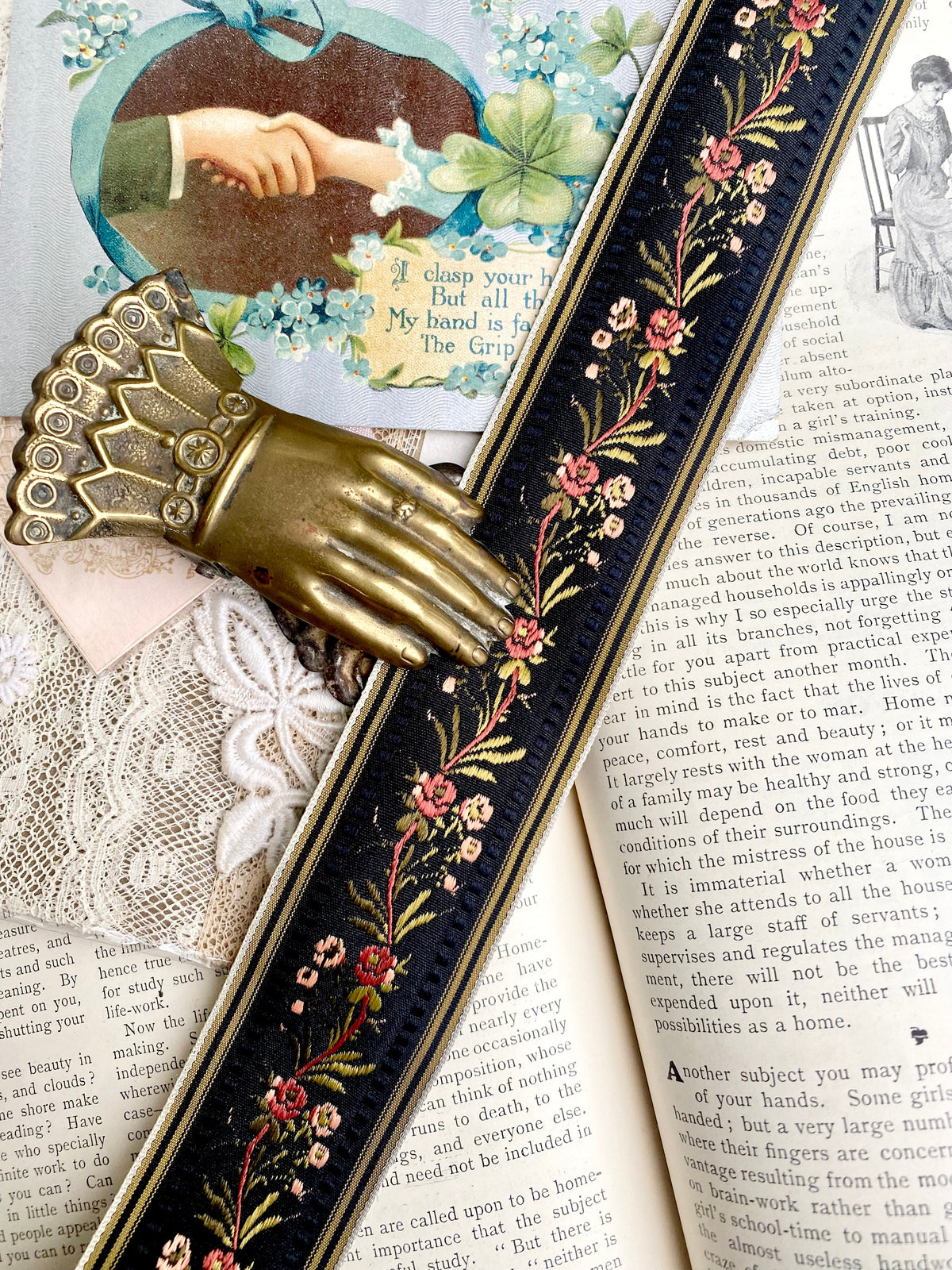 Vintage French Ribbon trim. Black floral - 10 metre length