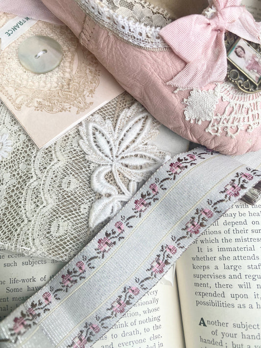 Vintage Embroidered floral ribbon. Alabaster and Blush - 10 metre length