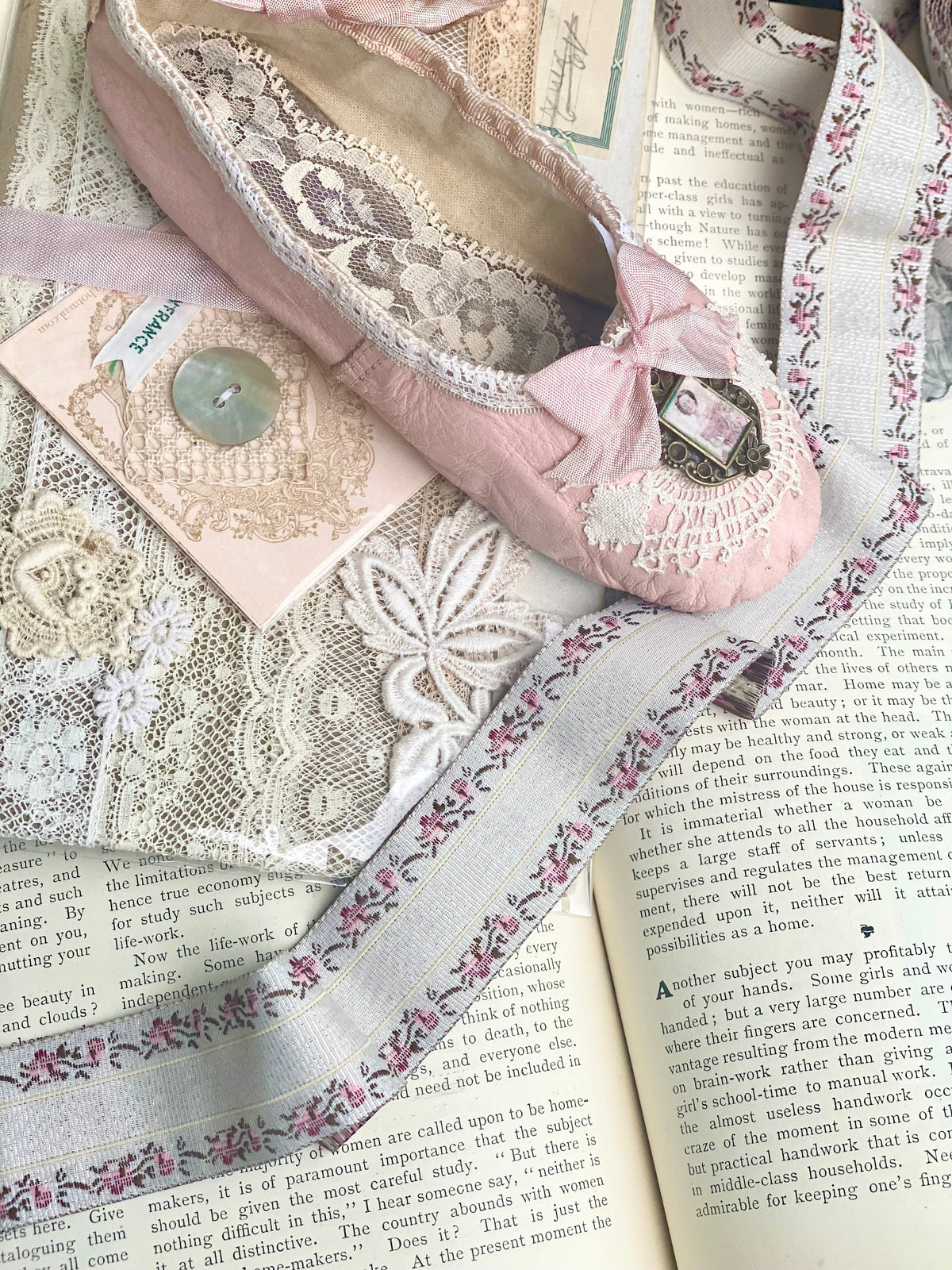 Vintage Embroidered floral ribbon. Alabaster and Blush - 10 metre length