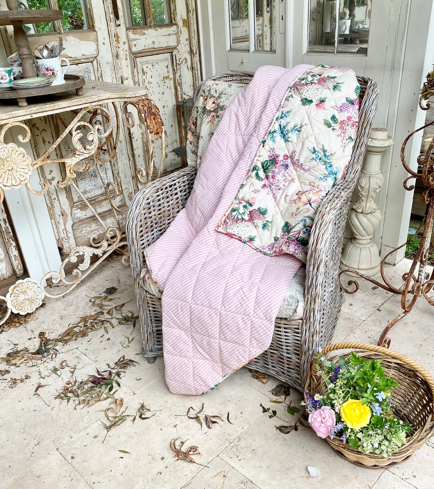 Garden Party Quilted Throw . Florist Botanical print / striped reversable backing