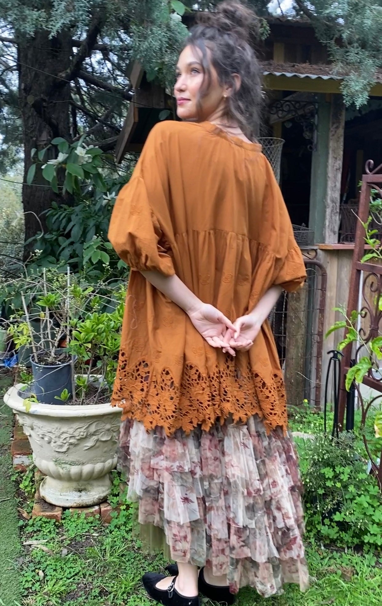 French lace smock. Russet