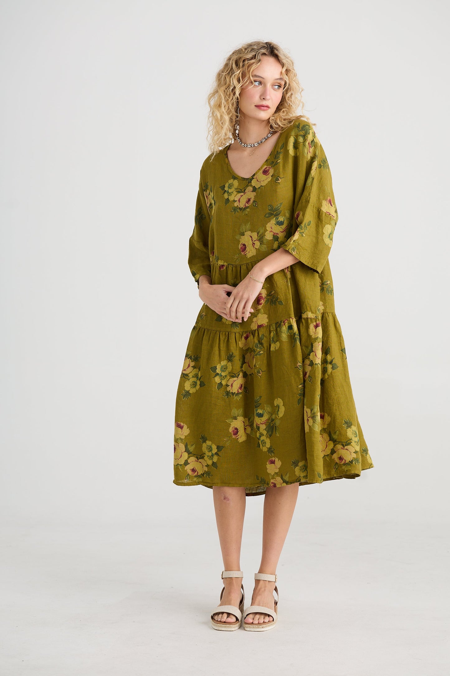 Stella floral linen dress. Avocado Green Rose