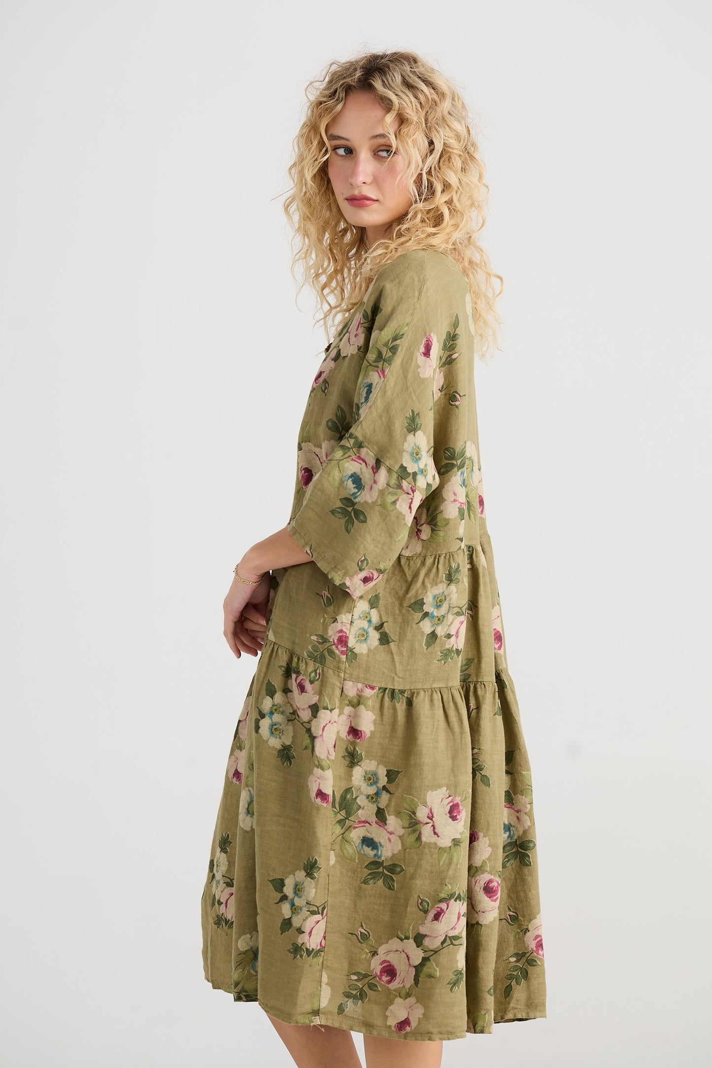 Stella floral linen dress. Pale Olive Rose.