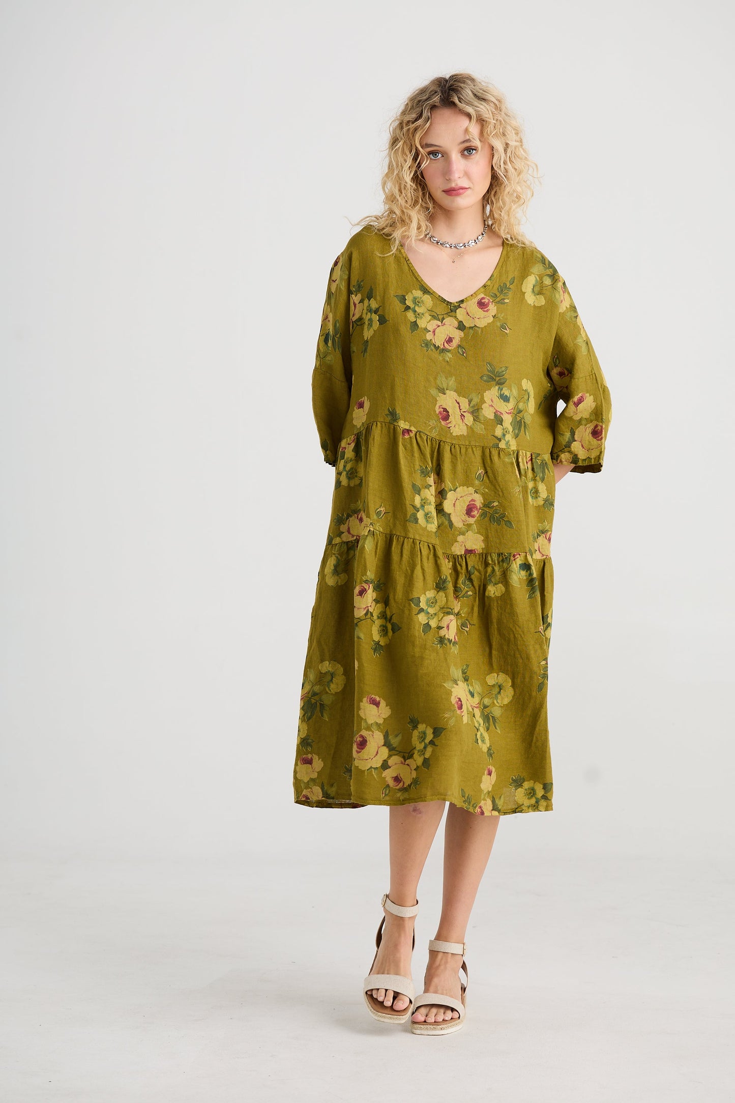 Stella floral linen dress. Avocado Green Rose