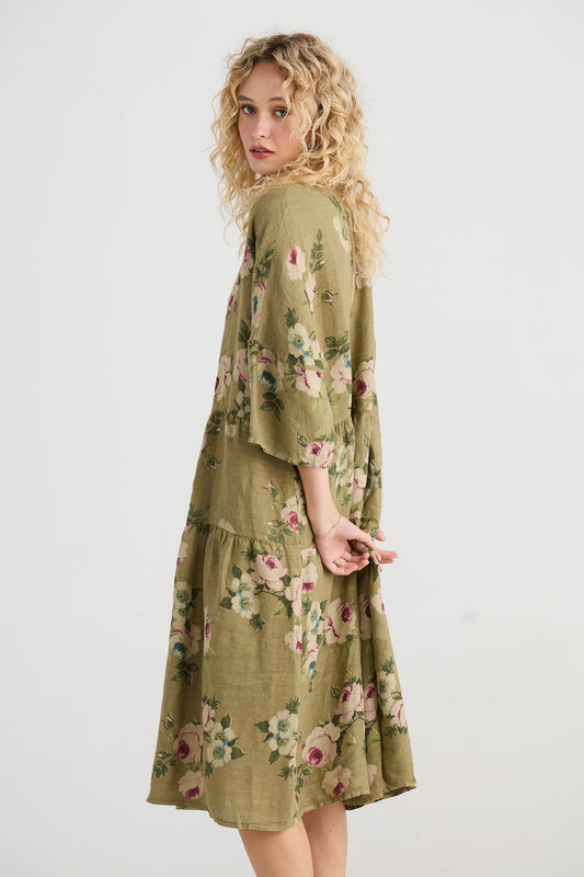 Stella floral linen dress. Pale Olive Rose.