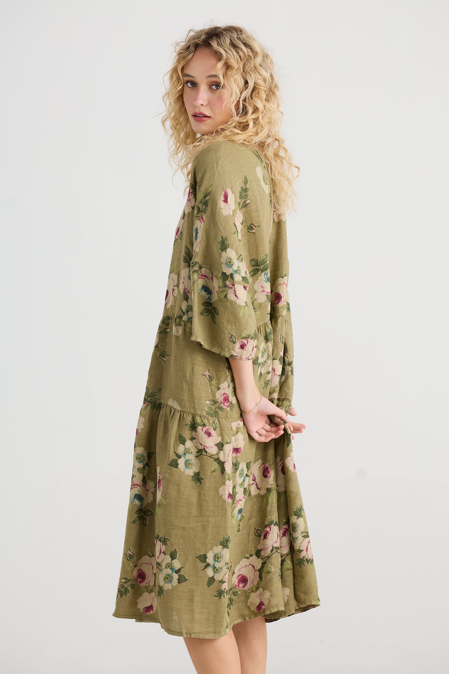 Stella floral linen dress. Pale Olive Rose.