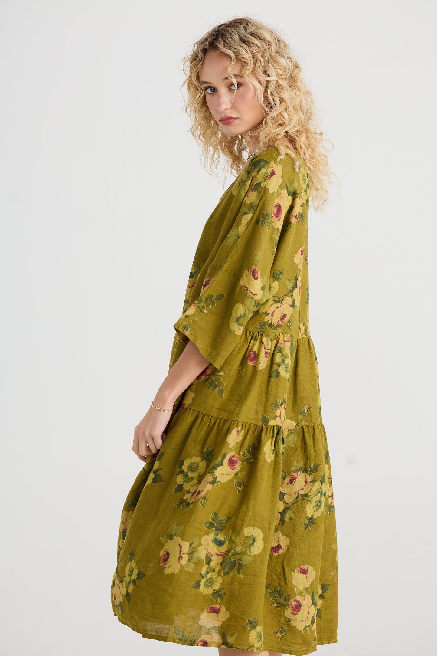 Stella floral linen dress. Avocado Green Rose