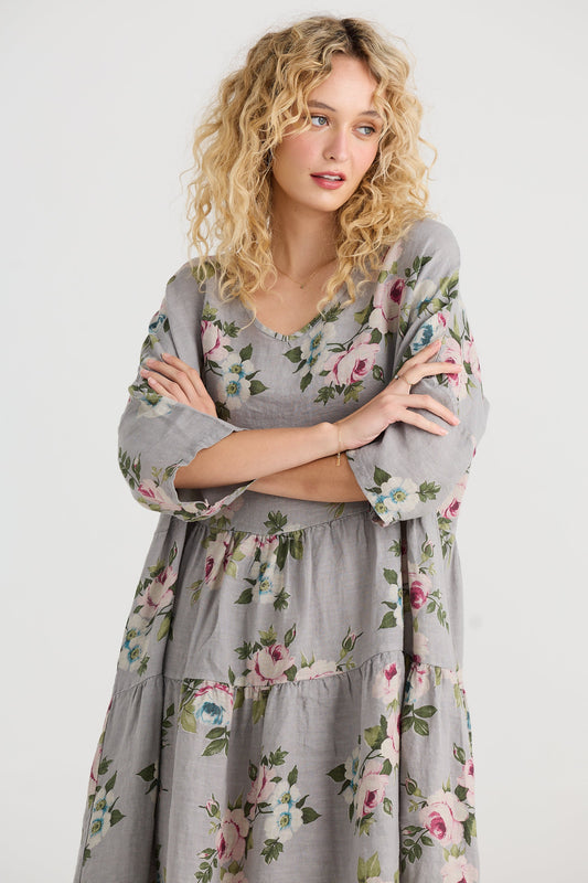 Stella floral linen dress. Ash Grey Rose