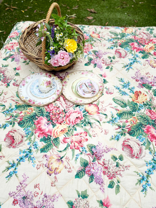 Garden Party Quilted Throw . Florist Botanical print / striped reversable backing