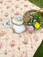 Garden Party quilted Throw . Petite Fleur print with vintage pink check reversible back