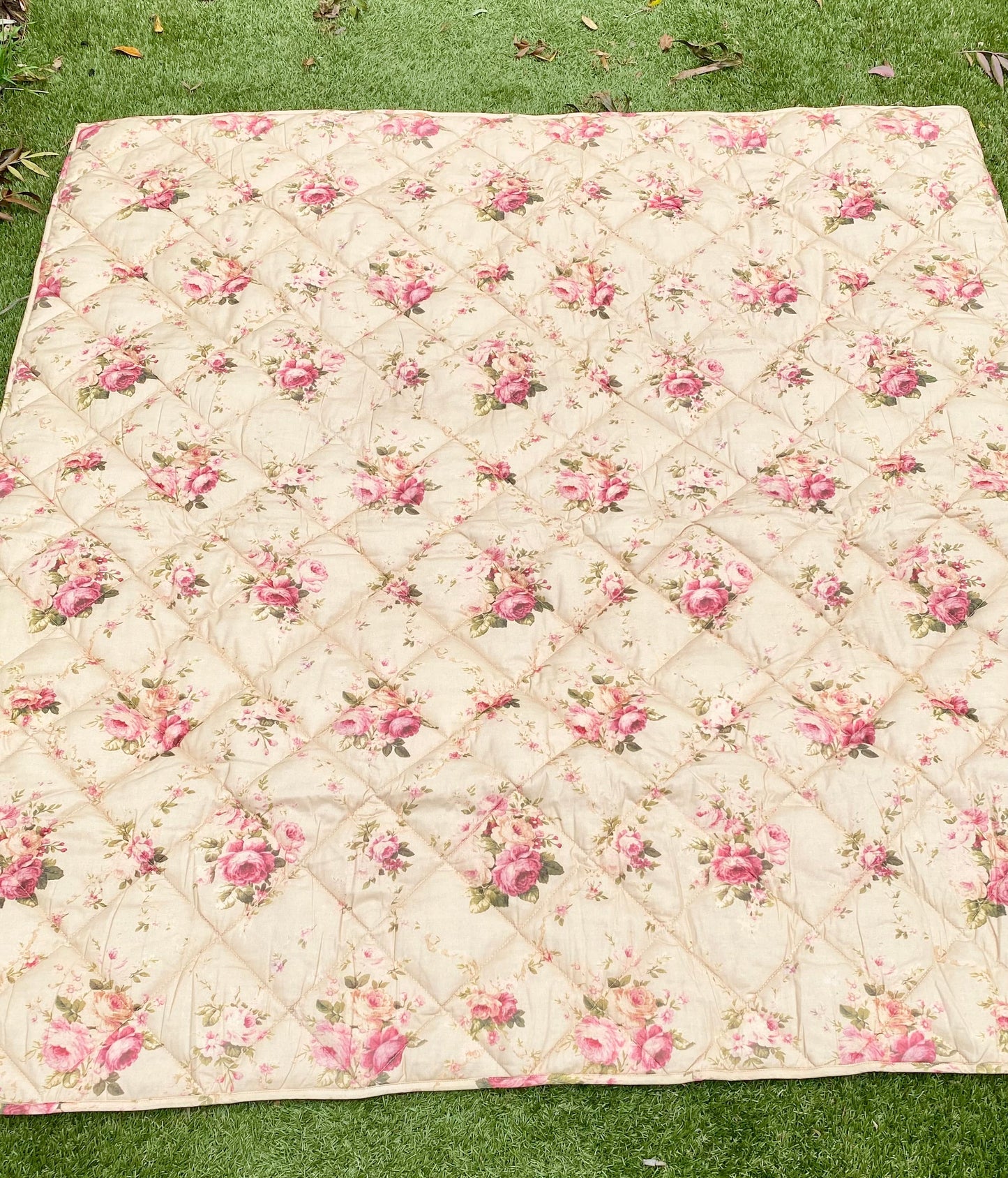 Garden Party quilted Throw . Petite Fleur print with vintage pink check reversible back