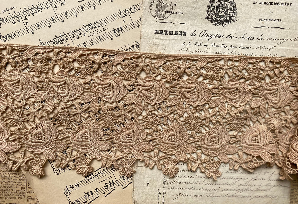 Vintage cotton rose lace. Golden Tea dye - 10 metre length